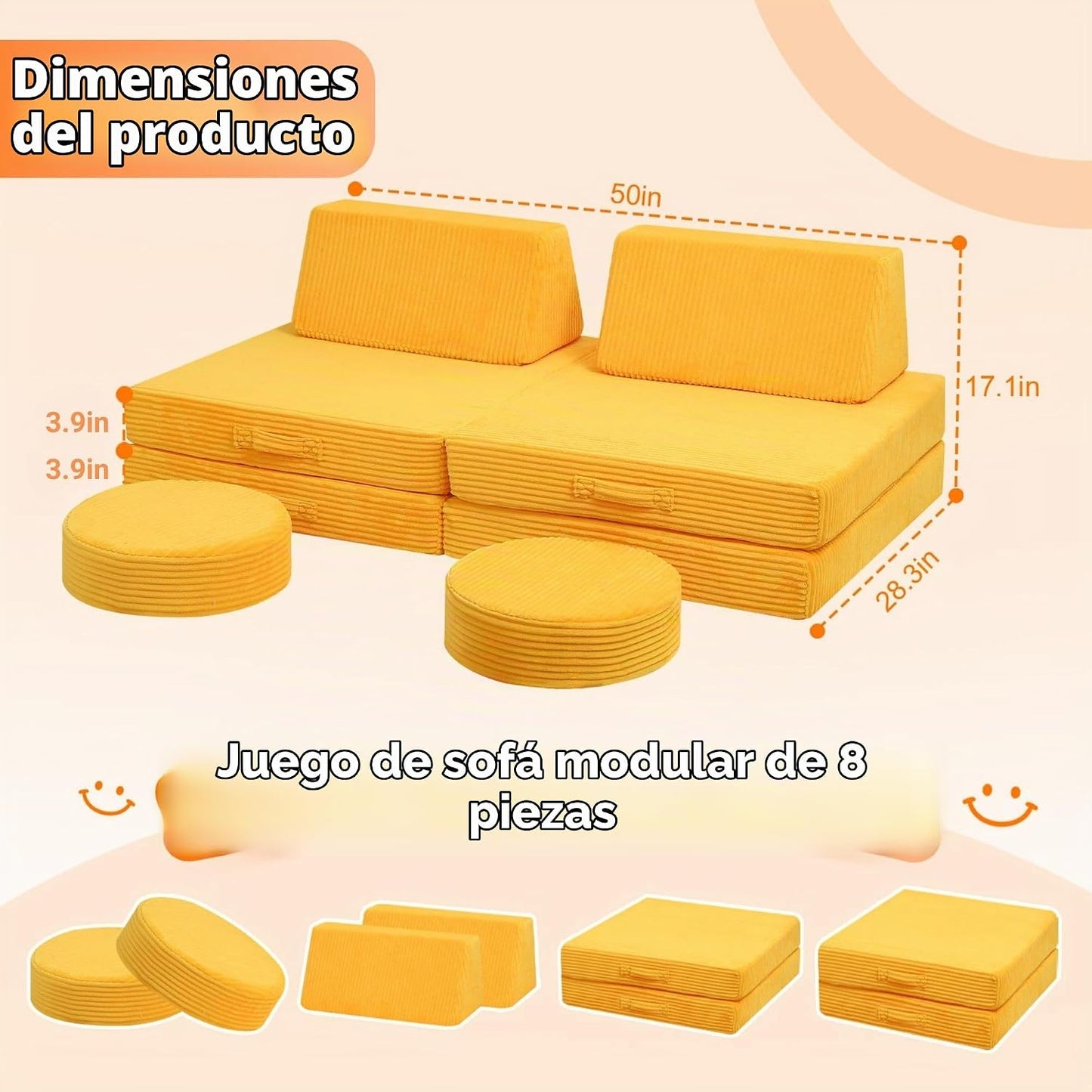 MeMoreCool - Sofá infantil de pana de 8 piezas, color amarillo, jue...