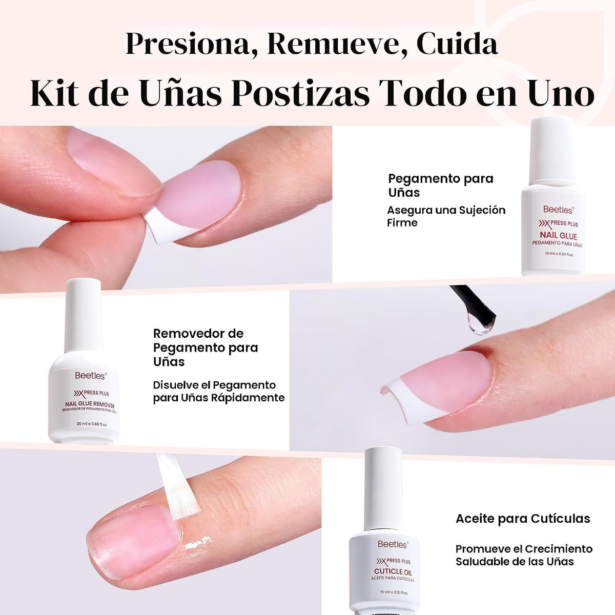 Beetles - Kit de uñas postizas a presión con punta francesa, cuadra...
