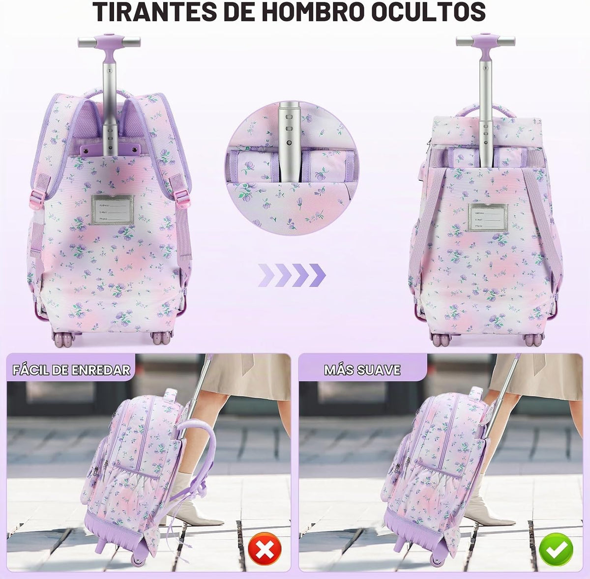 ACESAK Mochila con ruedas para niñas, mochila escolar con ruedas en...