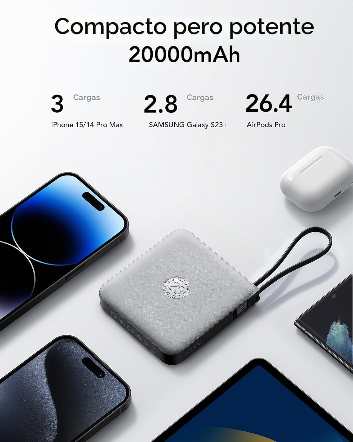 Banco de energía de 20000 mAh con 4 cables integrados, esenciales d...