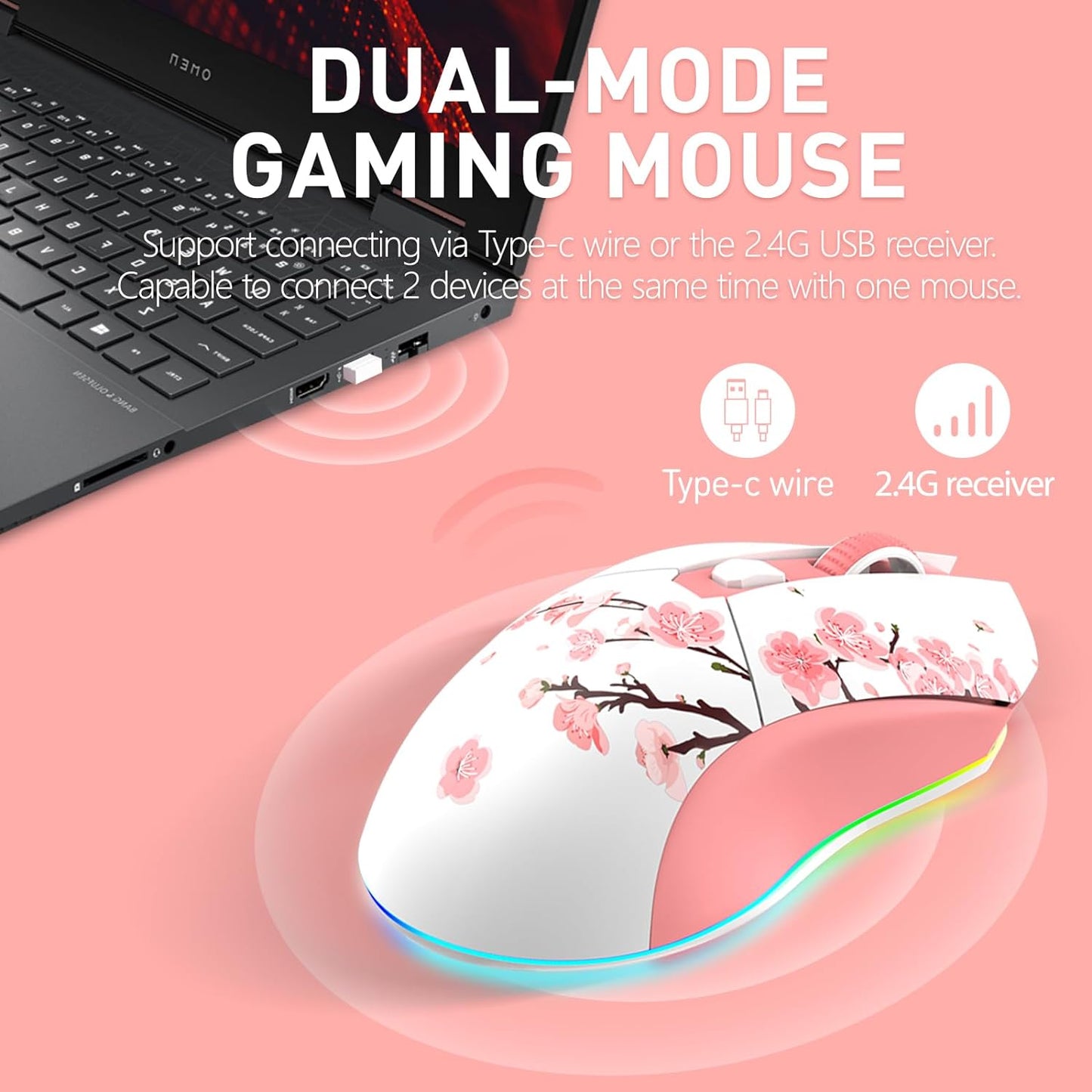 DAREU Ratón inalámbrico Sakura rosa para juegos con base de carga r...
