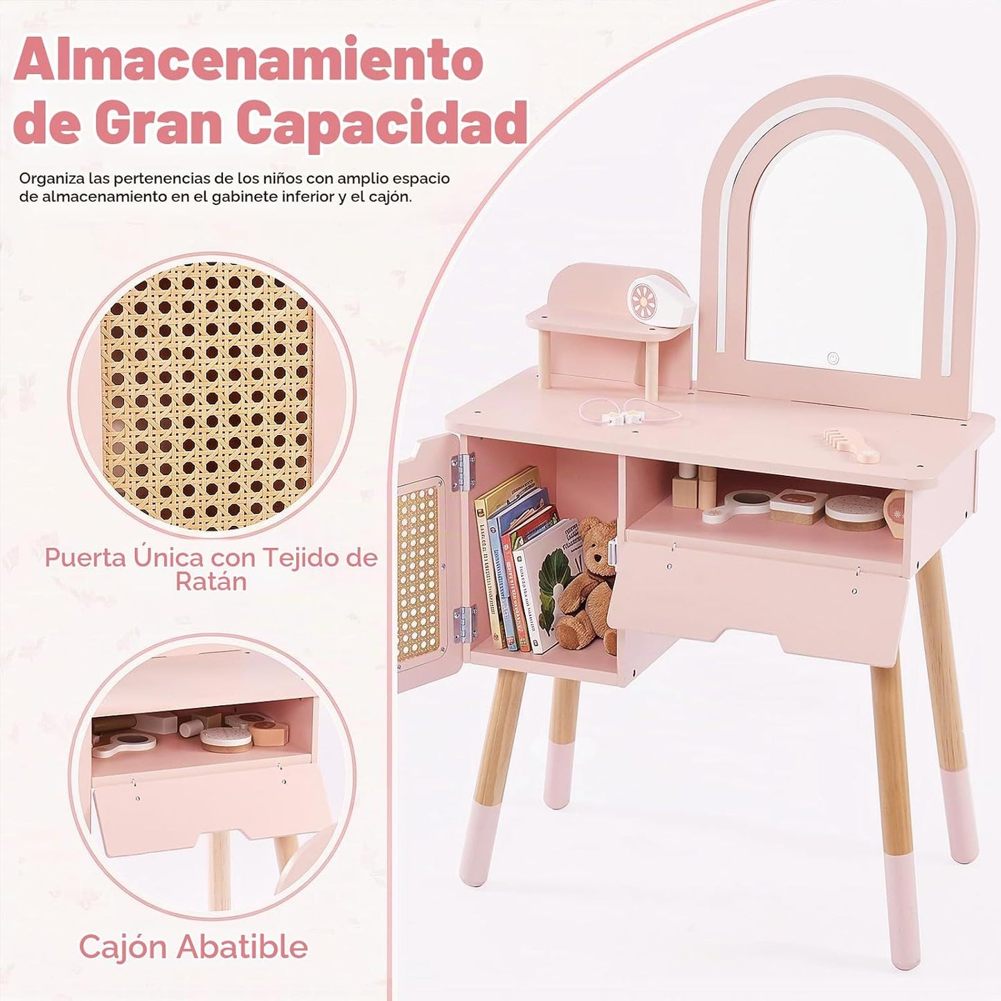 LININYHAO Juego de tocador para niños con espejo iluminado y acceso...