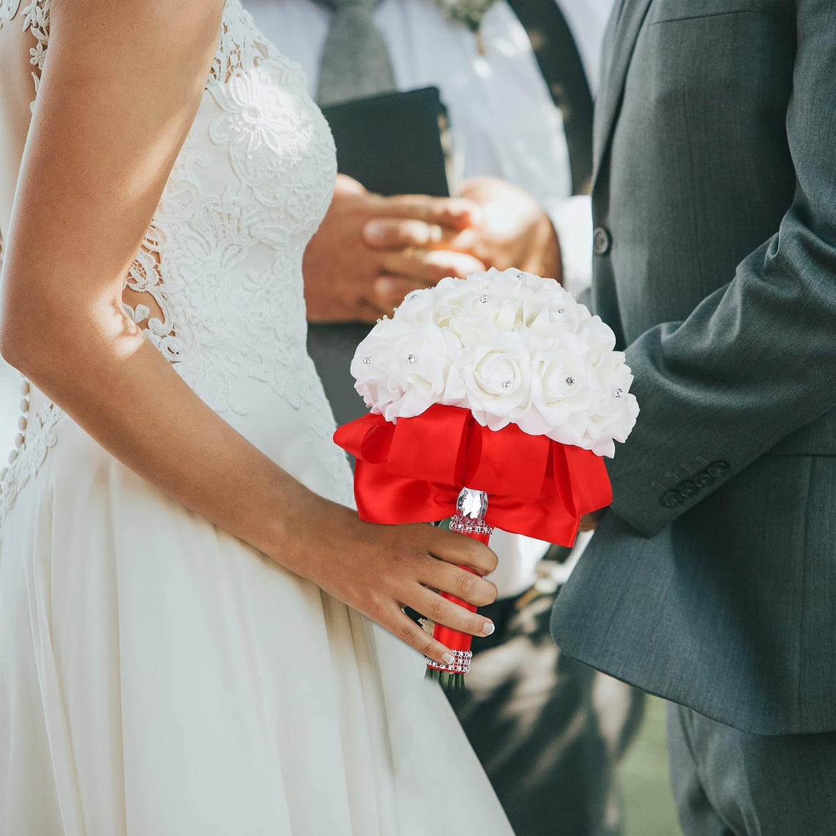 Febou Ramo de novia, ramo de dama de honor rojo, ramo de novia con...