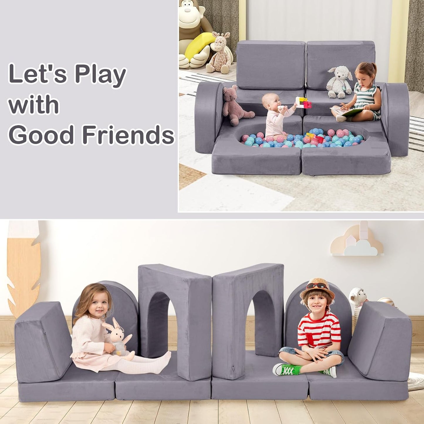 INFANS Sofá modular de juego para niños, 8 piezas de sofá modular m...