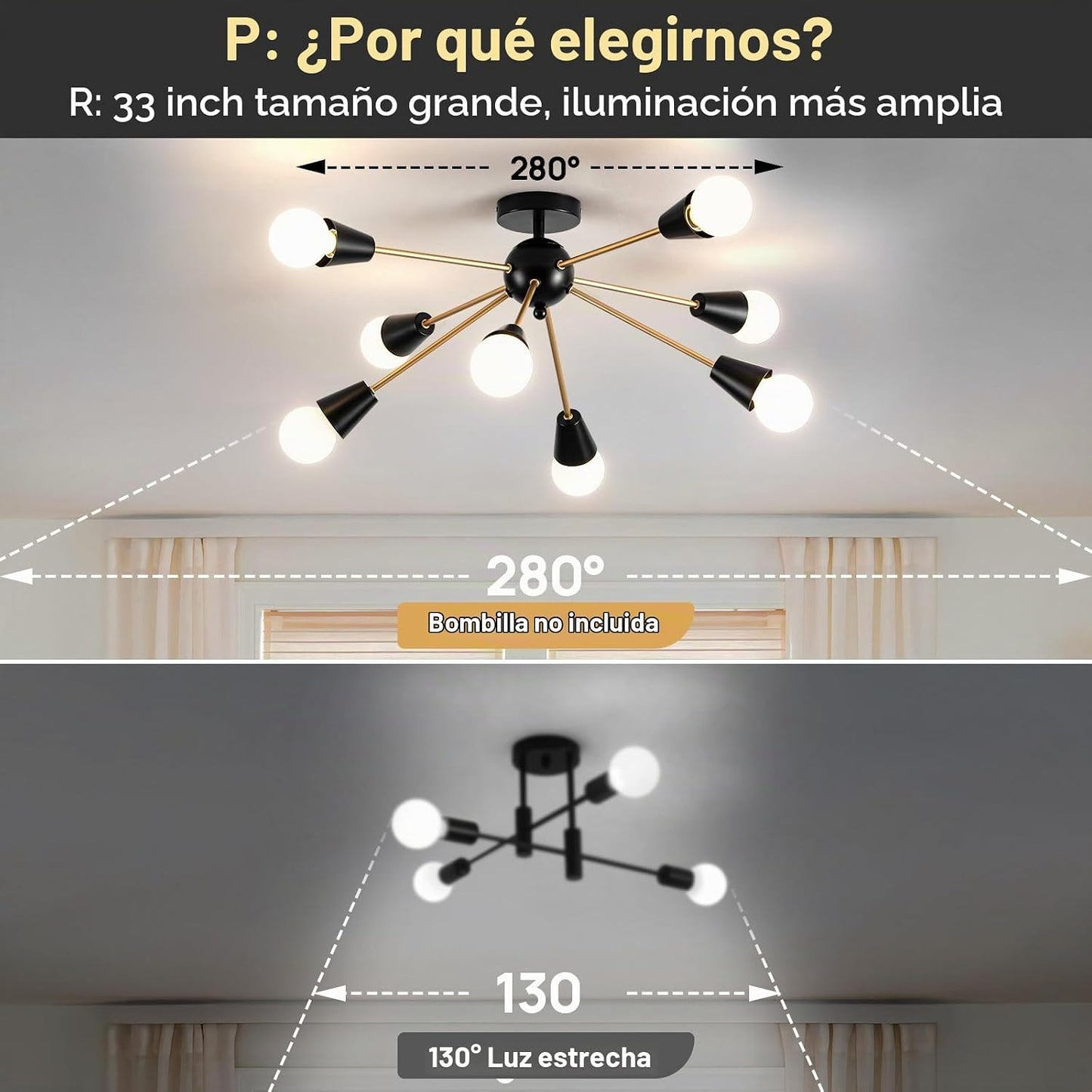 Candelabro Sputnik moderno, 8 luces de techo negras y doradas | Fác...