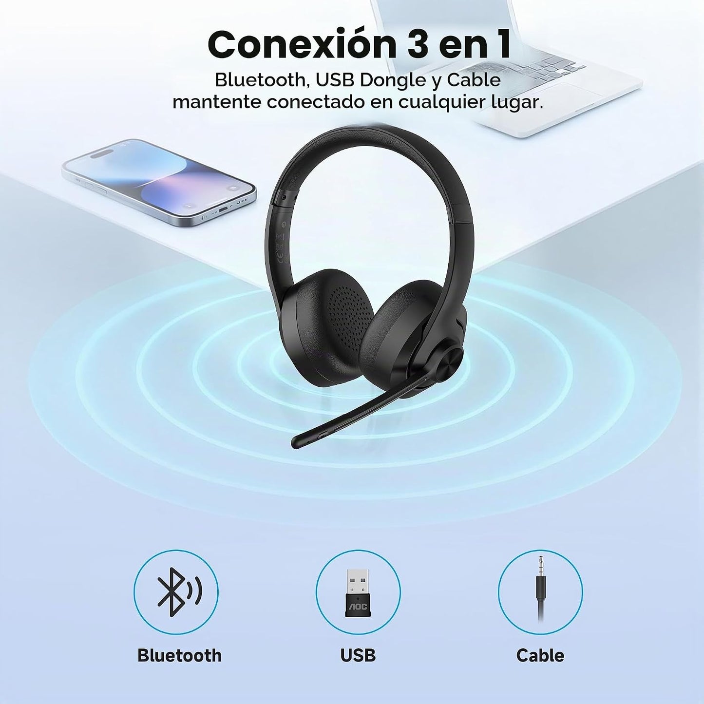 Auriculares inalámbricos AOC con micrófono para el trabajo, auricul...