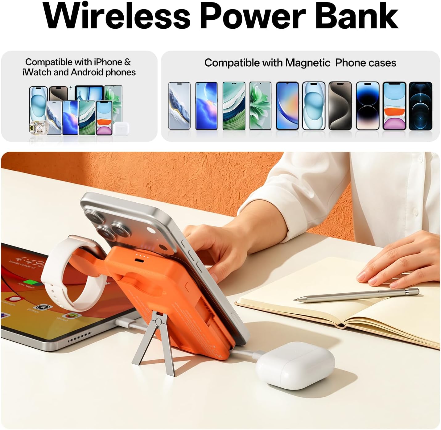 Q Cargador portátil inalámbrico magnético de 10,000 mAh, batería ex...