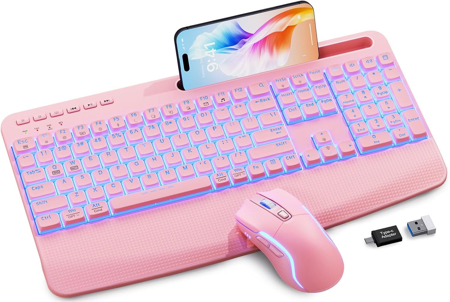 Combo inalámbrico de teclado y ratón rosa, conjunto de teclado y ra...