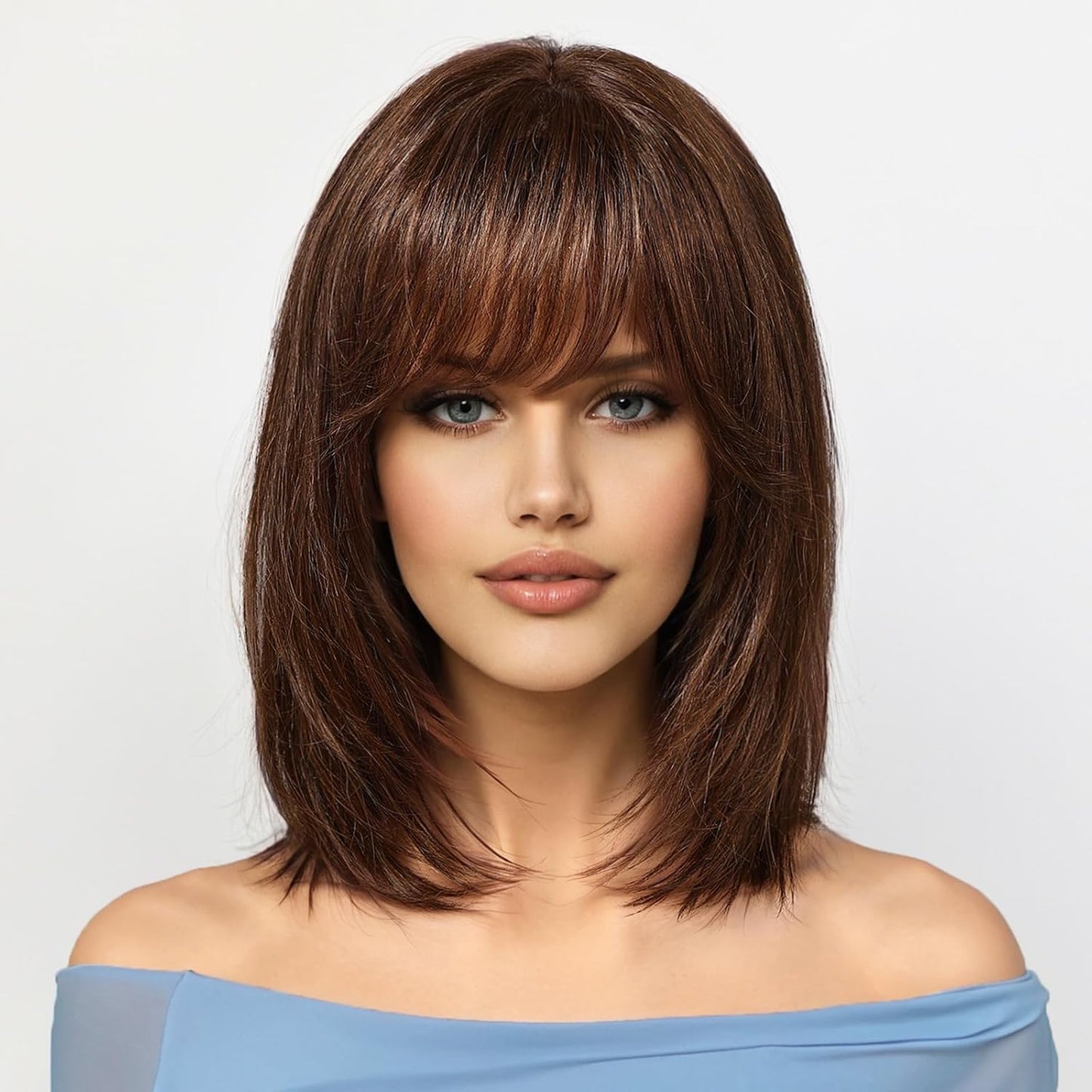 KKU Pelucas de cabello humano de 12 pulgadas color marrón oscuro pa...