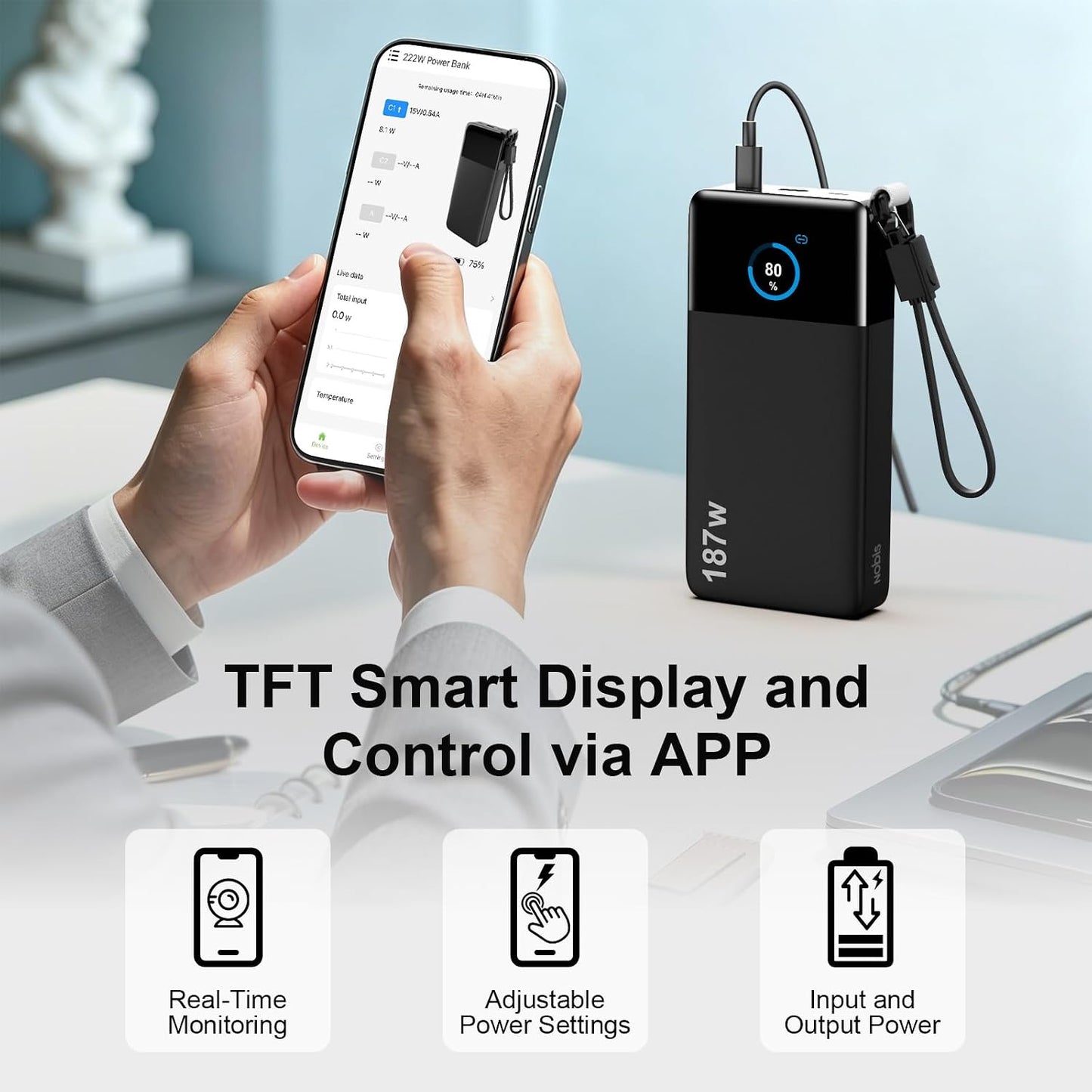 NOBIS Cargador portátil 187W 25000mAh Power Bank con aplicación Sma...