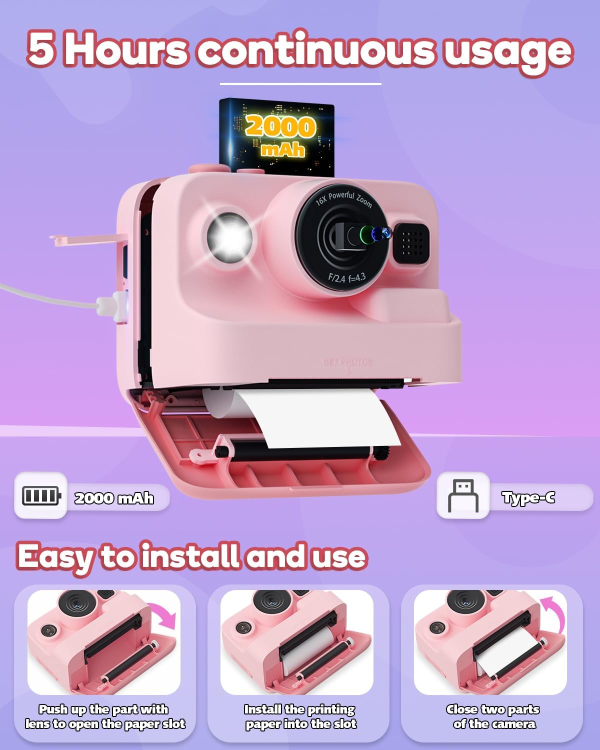 Dylanto - Cámara de impresión instantánea para niños, de 1080p, reg...