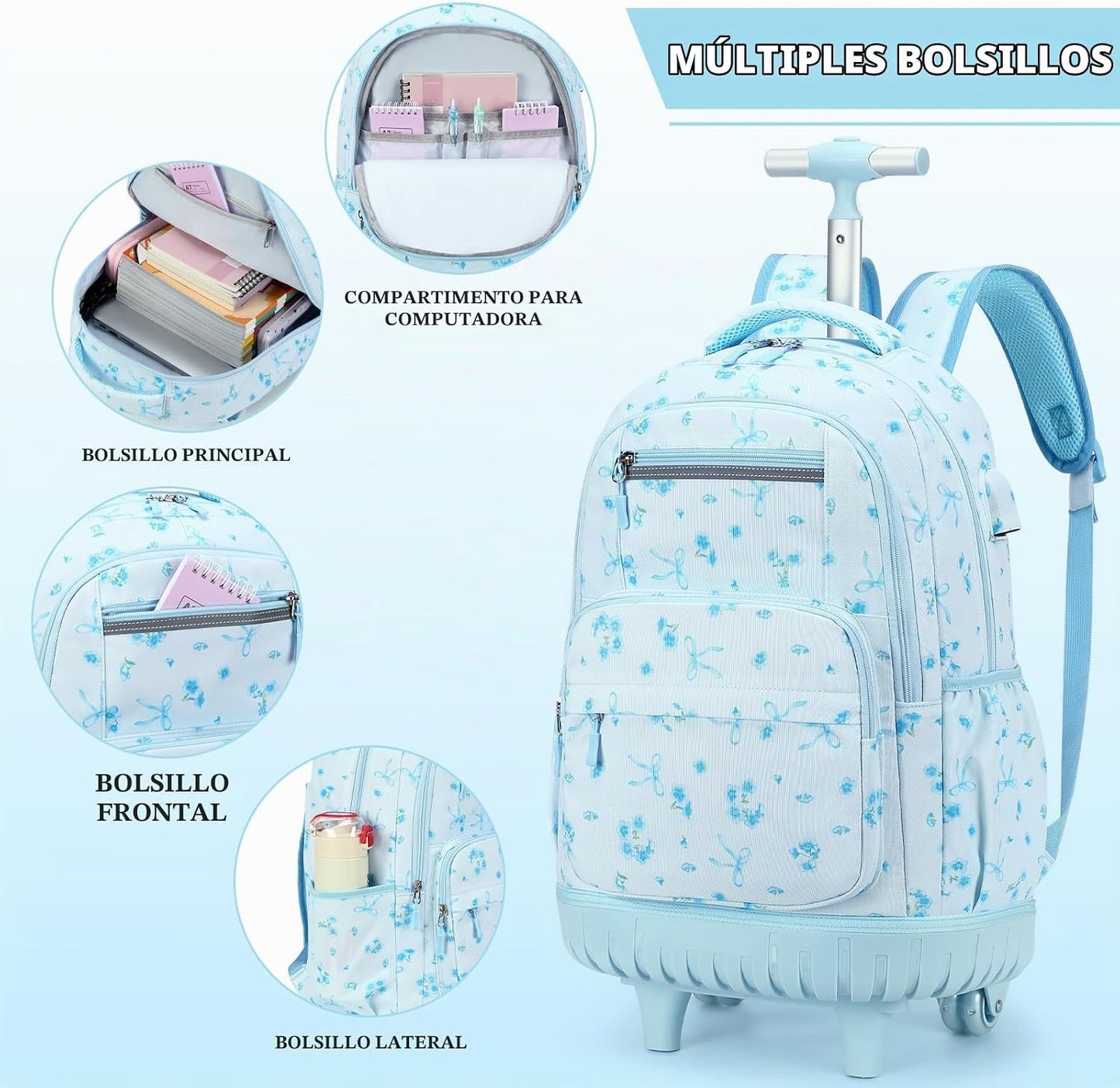 ACESAK Mochila con ruedas para niñas, mochila escolar con ruedas en...