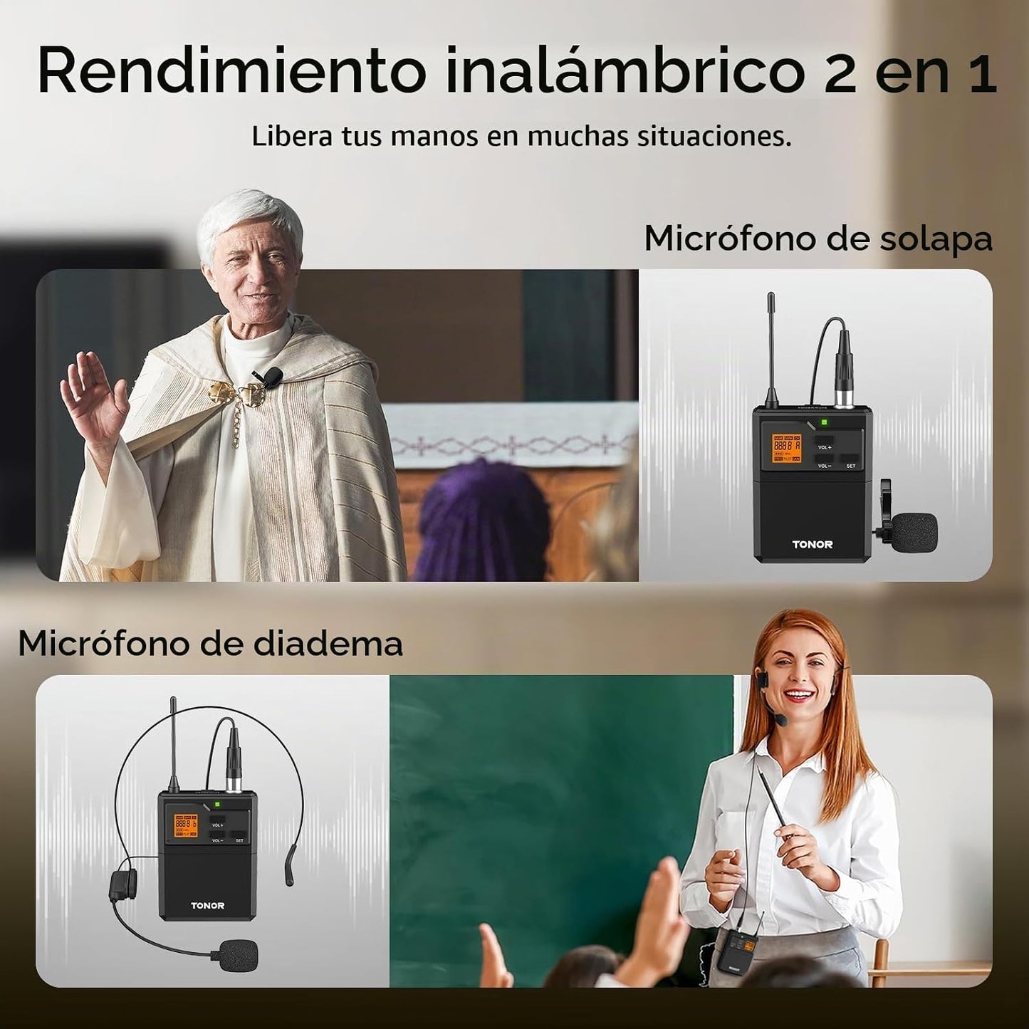 TONOR Sistema de micrófono inalámbrico UHF con micrófonos de auricu...