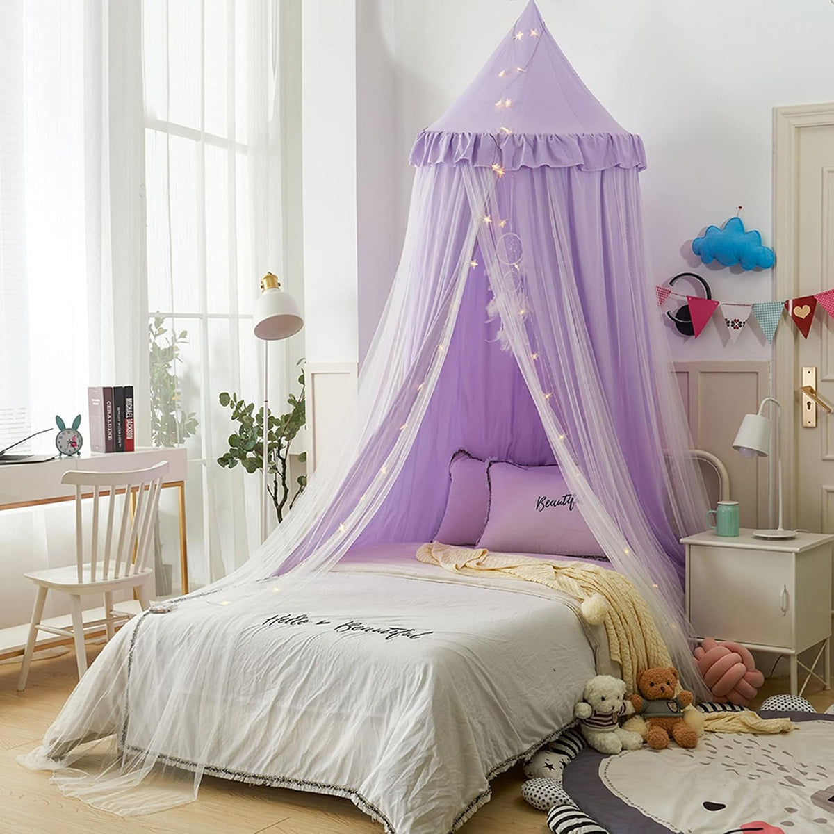 Dósel de cama con luces, doble capa, princesa, cúpula redonda, mosq...