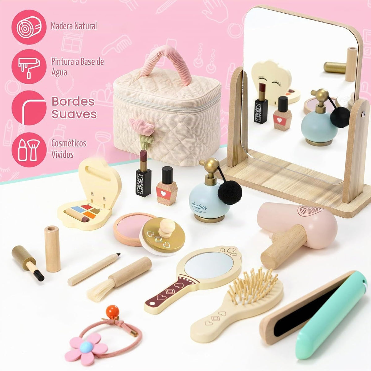 Atoylink Juego de maquillaje de madera, 15 piezas, juguetes de pelu...