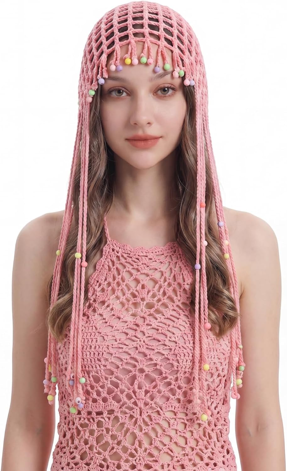 Newcotte Gorros de ganchillo para mujer, gorro con cuentas de borla...