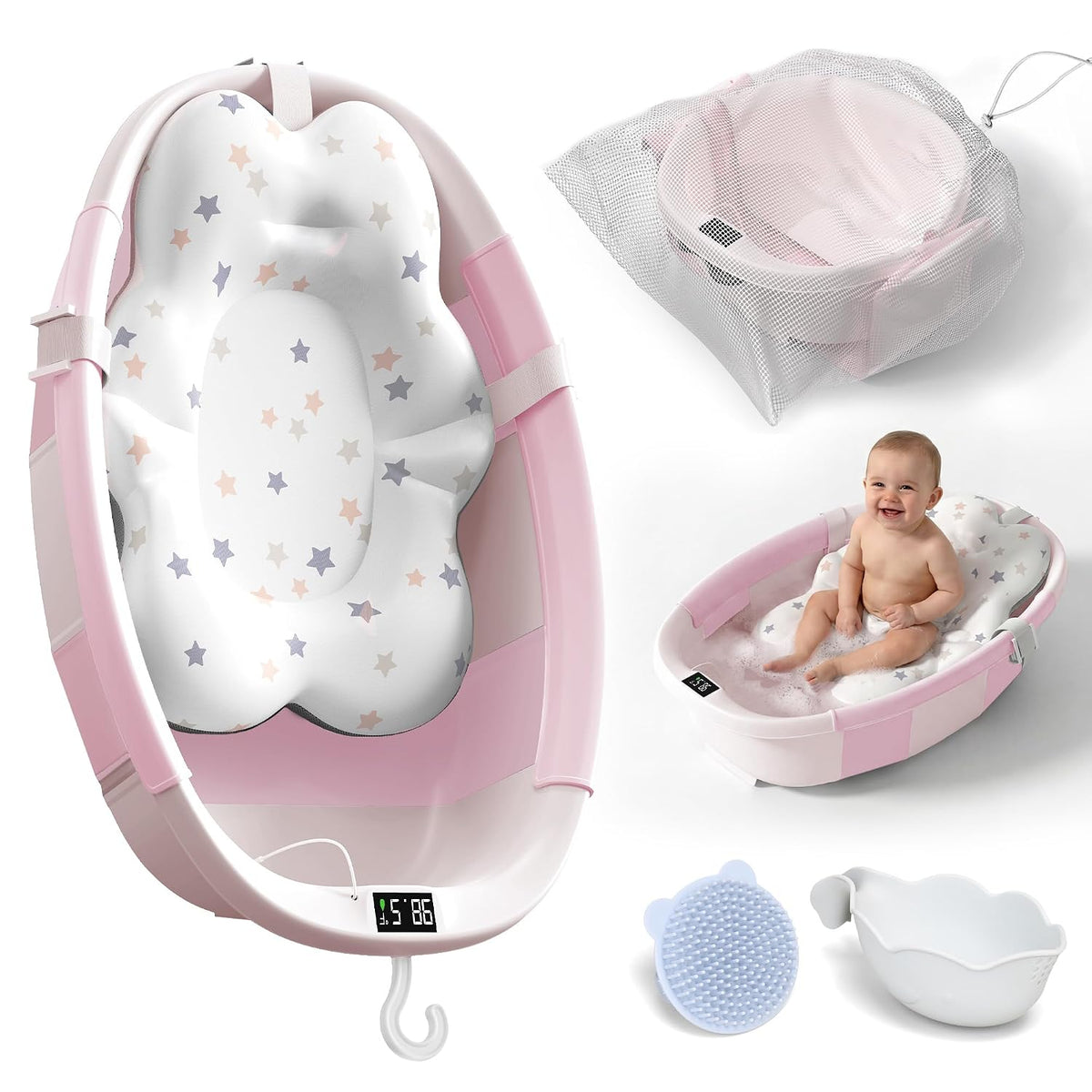 Bañera plegable para bebé, bañera grande para bebé con termómetro,...