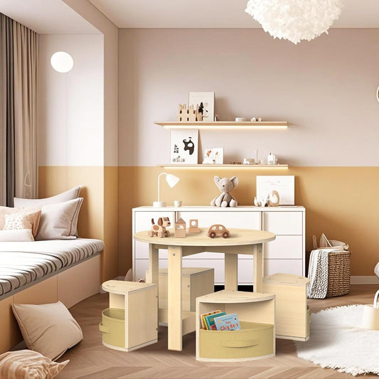 bbgroundgrm Juego de mesa y silla con 4 taburetes de almacenamiento...