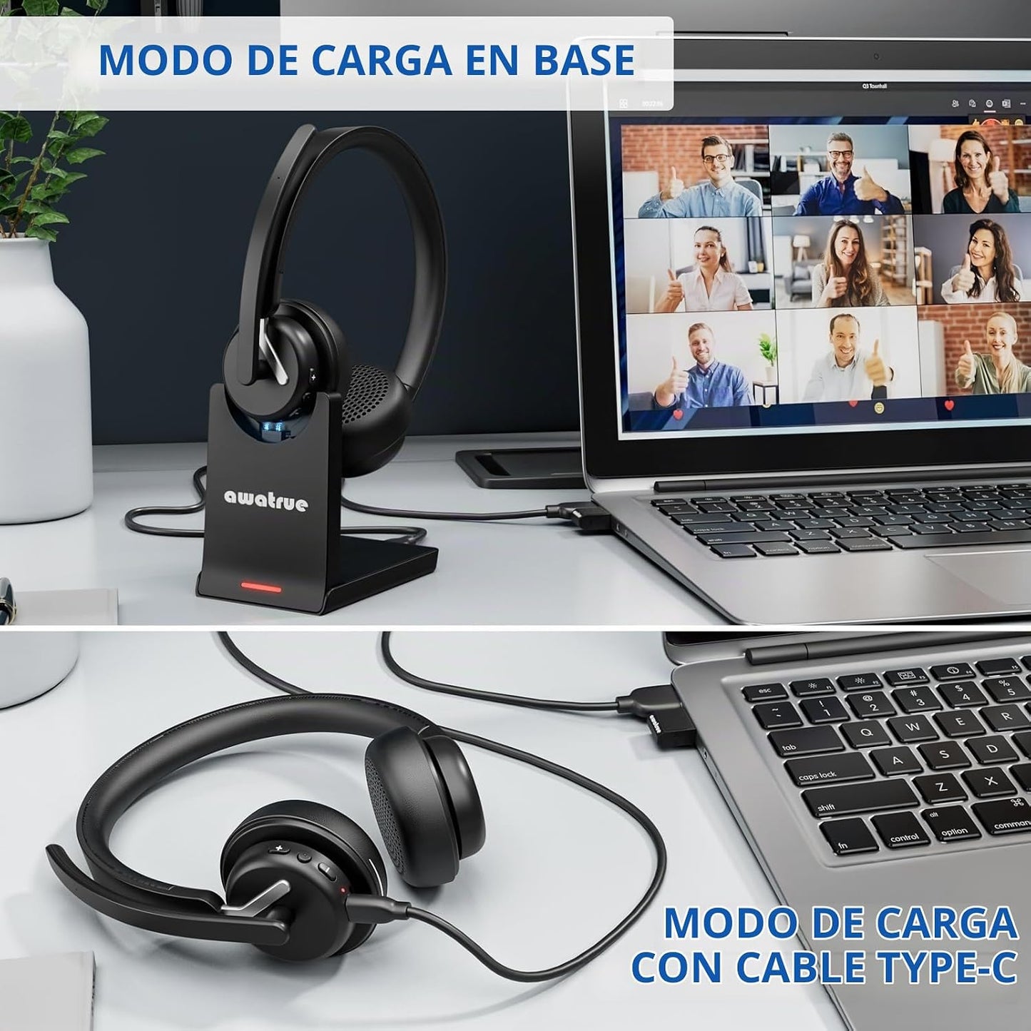 awatrue Auriculares inalámbricos con micrófono para el trabajo, aur...
