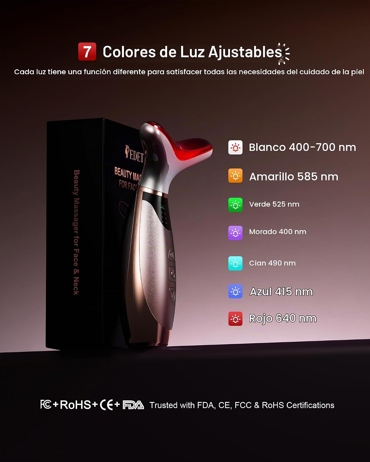 Pedete Masajeador facial, terapia de luz roja de 7 colores para car...
