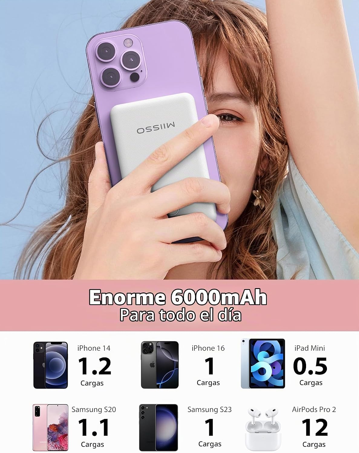 miisso - Batería externa de 6000 mAh ultradelgada con cables incorp...