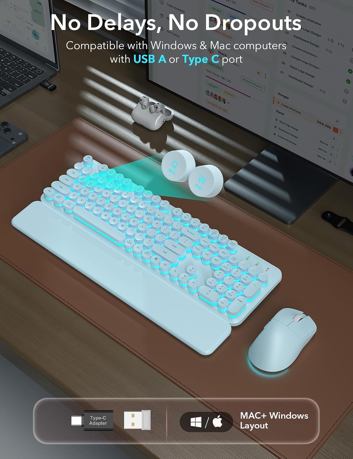 Teclado inalámbrico y mouse retroiluminados, teclado de máquina de...