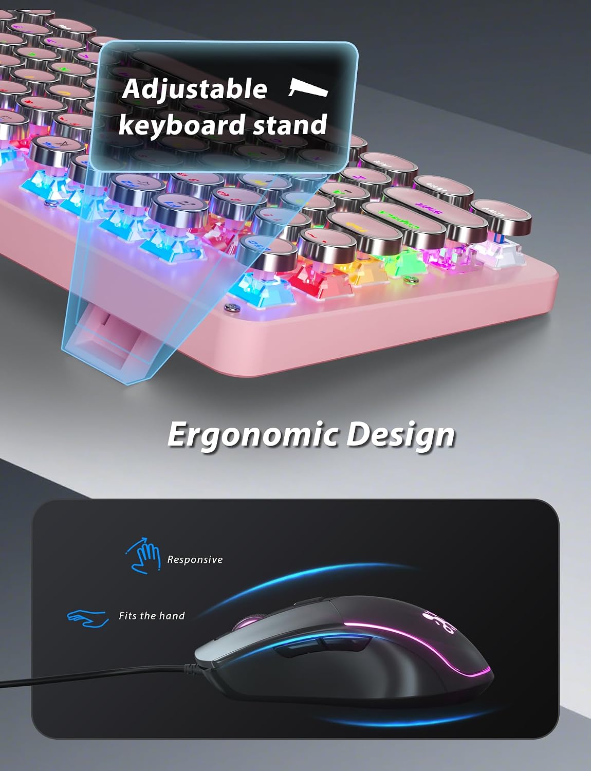 Bevewlpol Combo de teclado mecánico y mouse rosa para juegos, tecla...