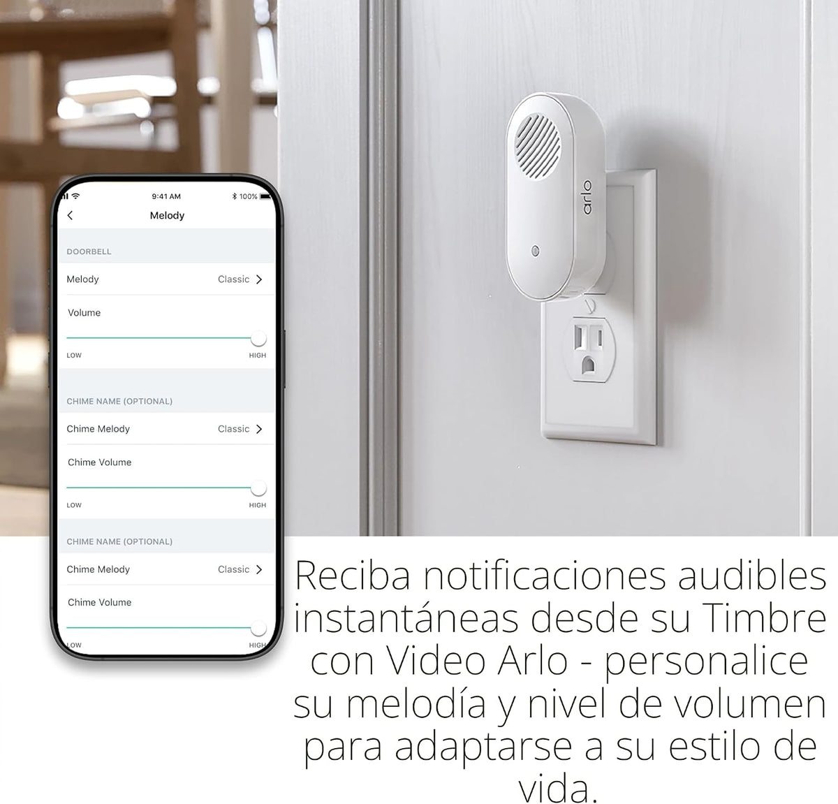 Arlo Chime 2, sirena incorporada, alertas audibles, melodías person...