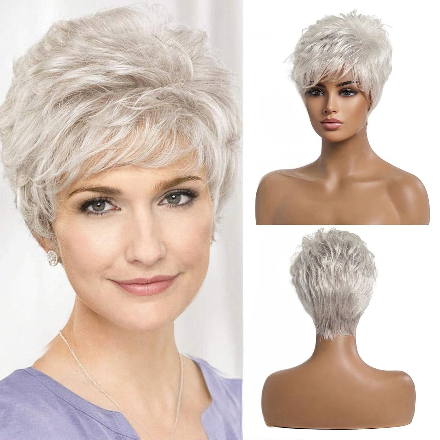 EMMOR Pelucas cortas de cabello humano gris plateado para mujer, me...