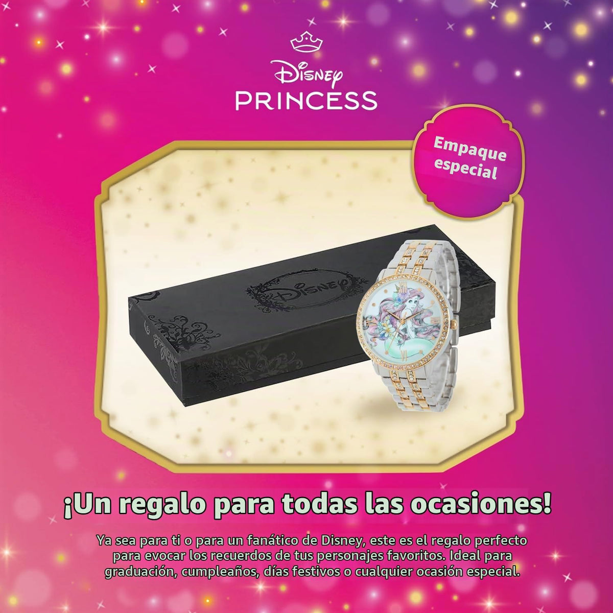 Disney Reloj de cuarzo analógico redondo brillante para adultos