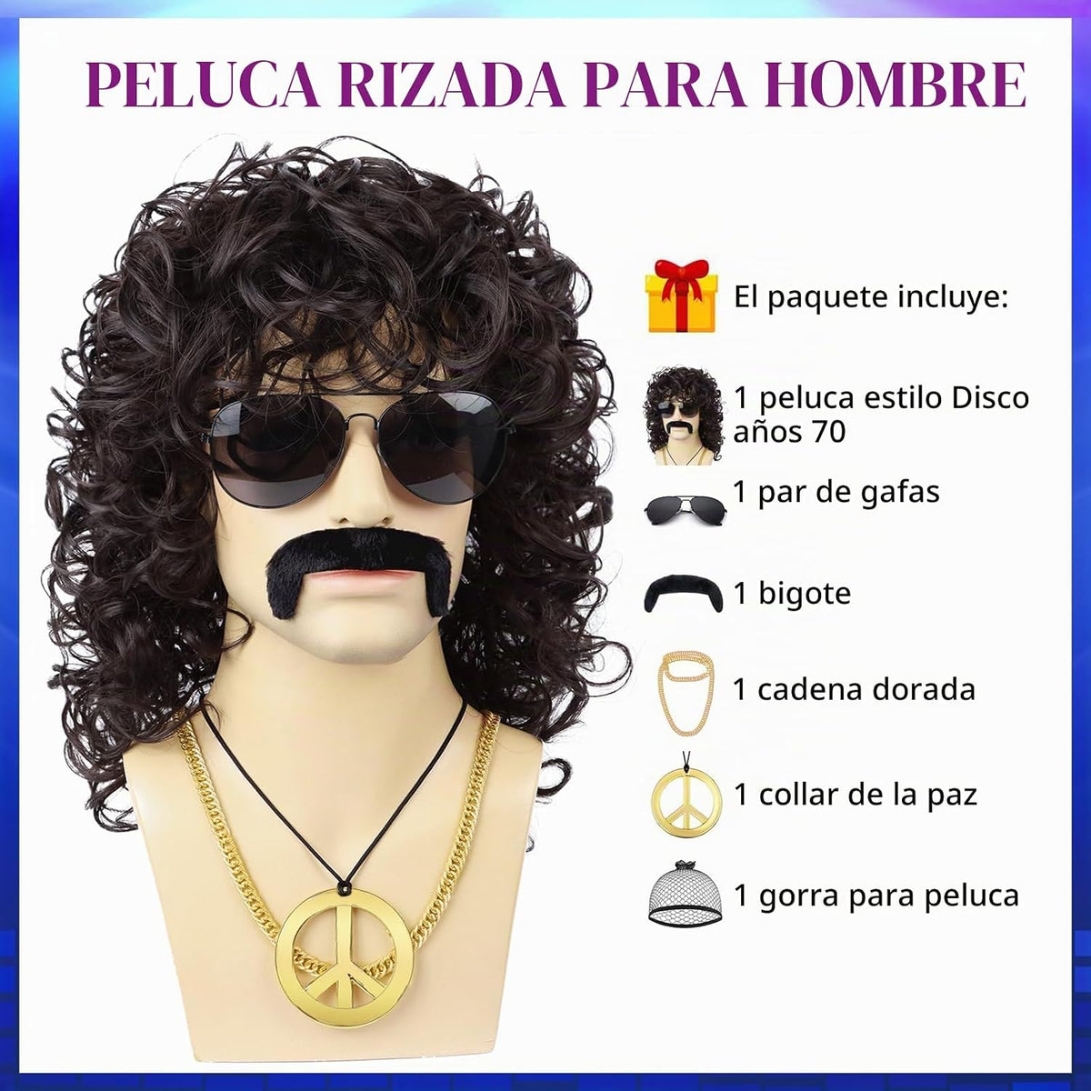 Guree Hair Peluca rizada para hombre + lentes + cadena dorada + col...