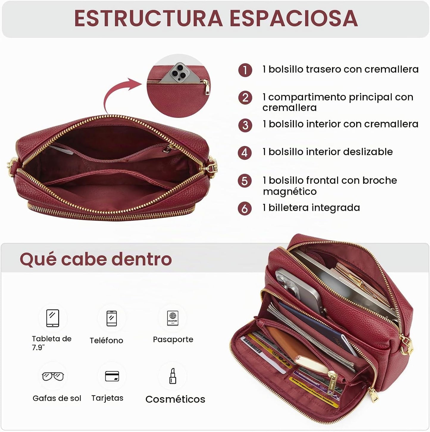 Kattee Bolso cruzado de cuero para mujer, pequeño, antirrobo, con c...