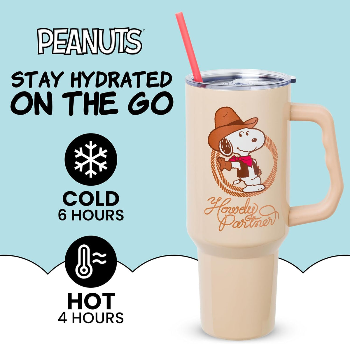 Silver Buffalo Peanuts Snoopy Howdy Partner, vaso de acero inoxidab...