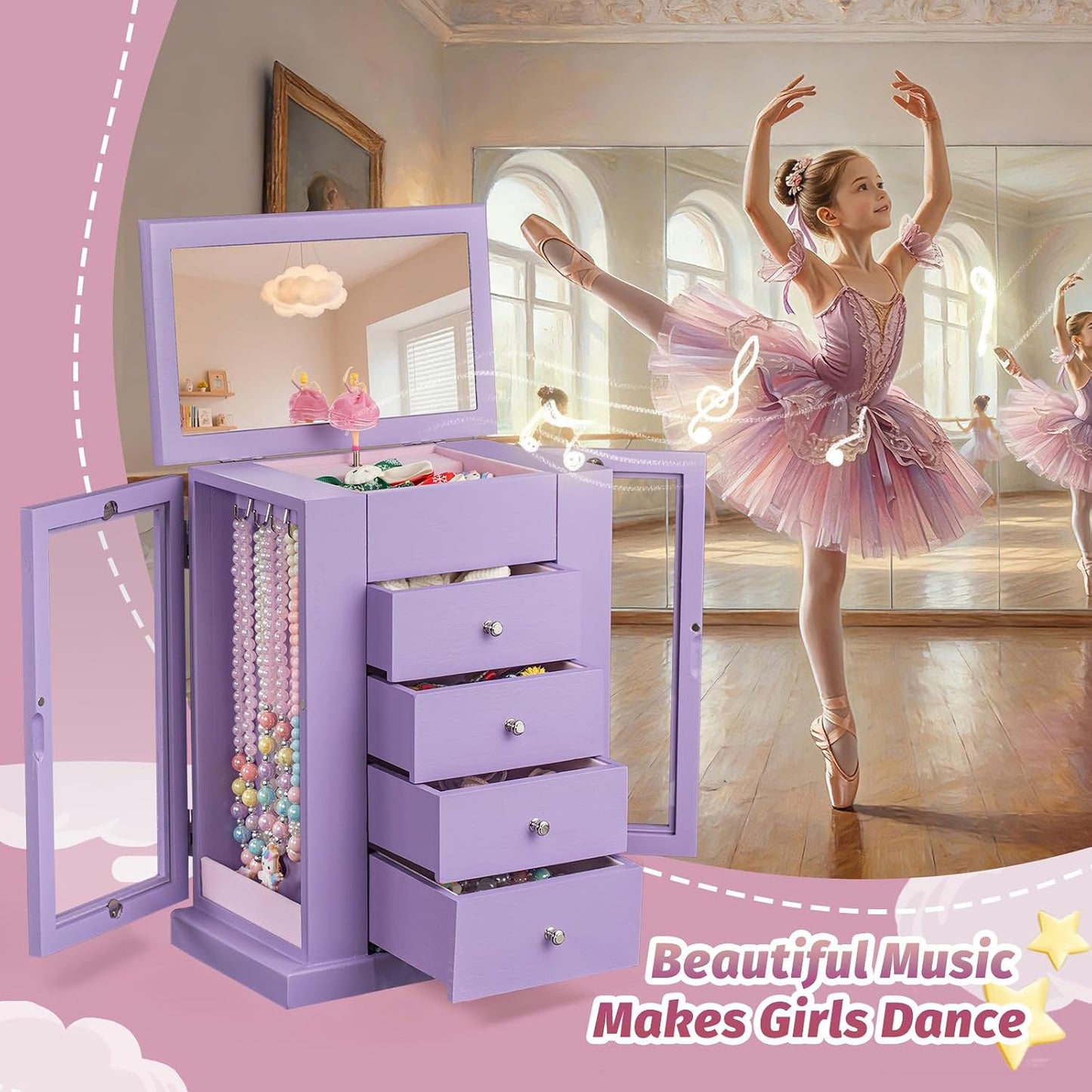 Emfogo Joyero para niñas, joyero musical con bailarina giratoria, r...