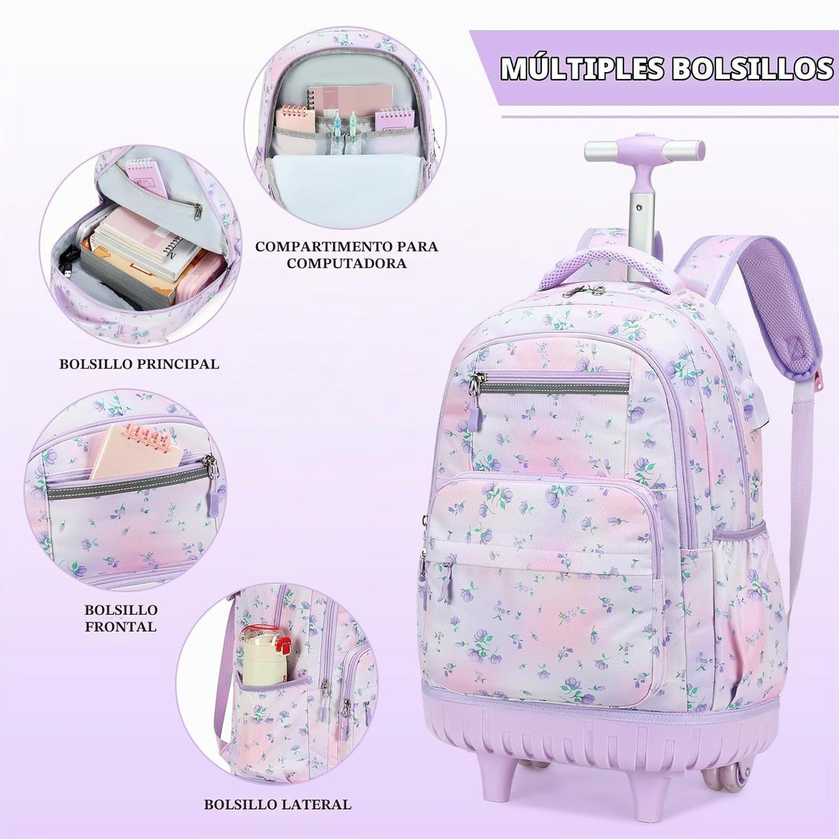 ACESAK Mochila con ruedas para niñas, mochila escolar con ruedas en...