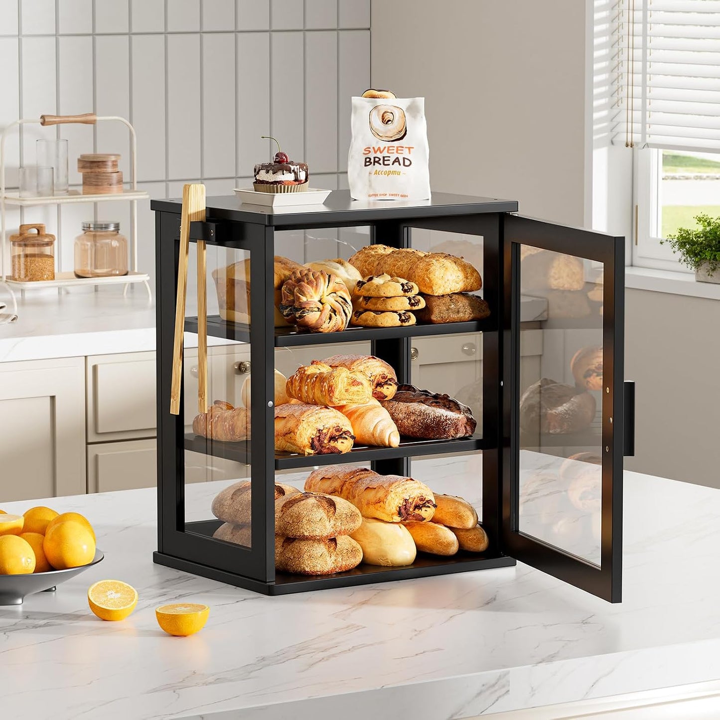 WOWLIVE Caja de Pan Negra para Encimera de Cocina, Contenedor de Al...