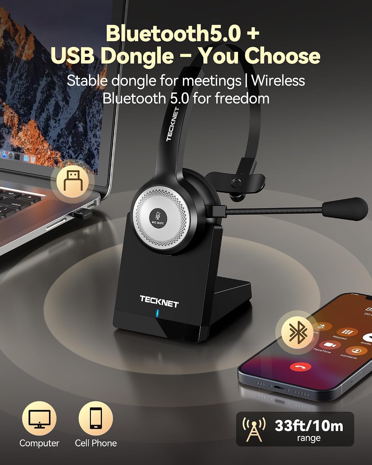 TECKNET Auriculares inalámbricos para trabajo Bluetooth con micrófo...