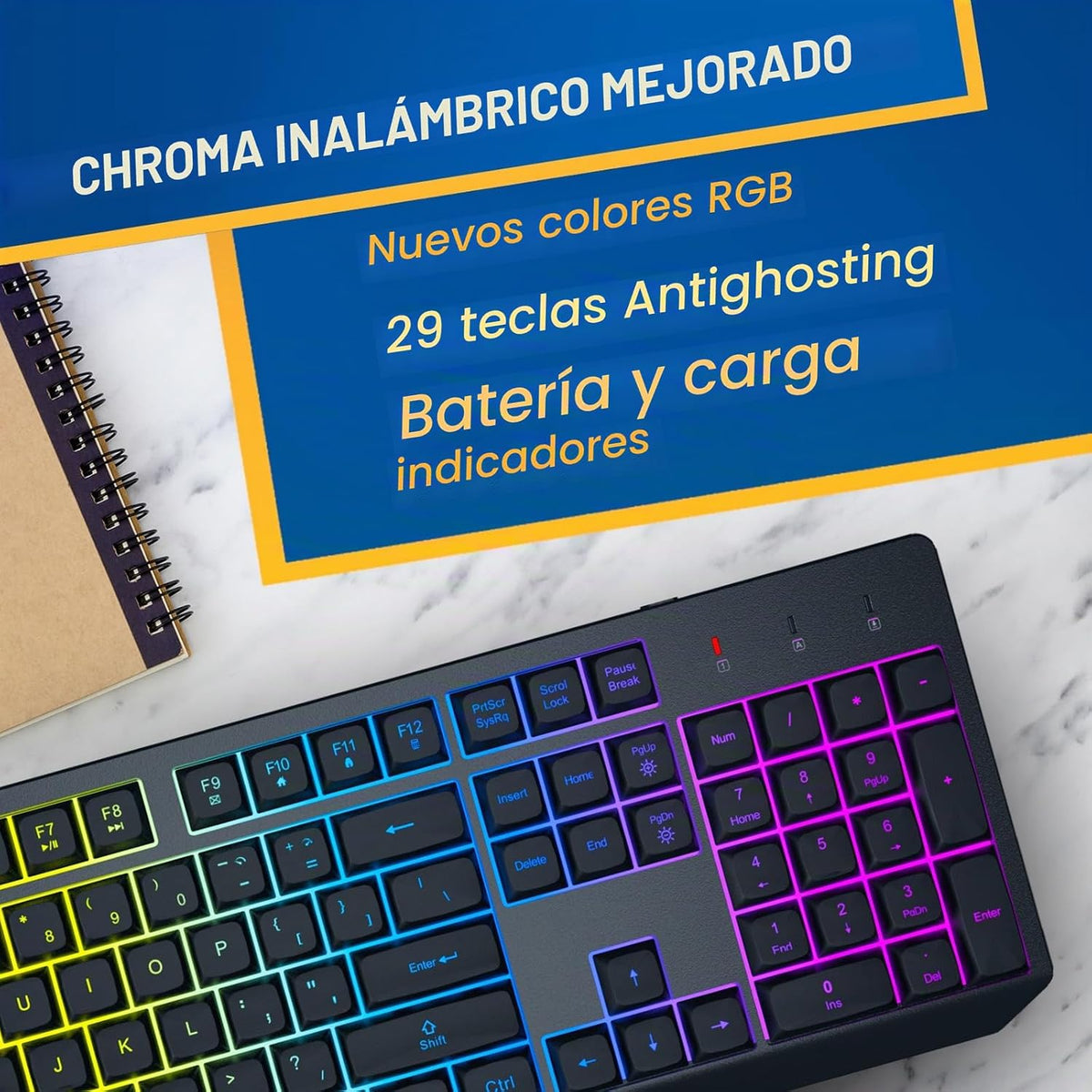KLIM Teclado y mouse inalámbricos Chroma - Combo de juegos con retr...