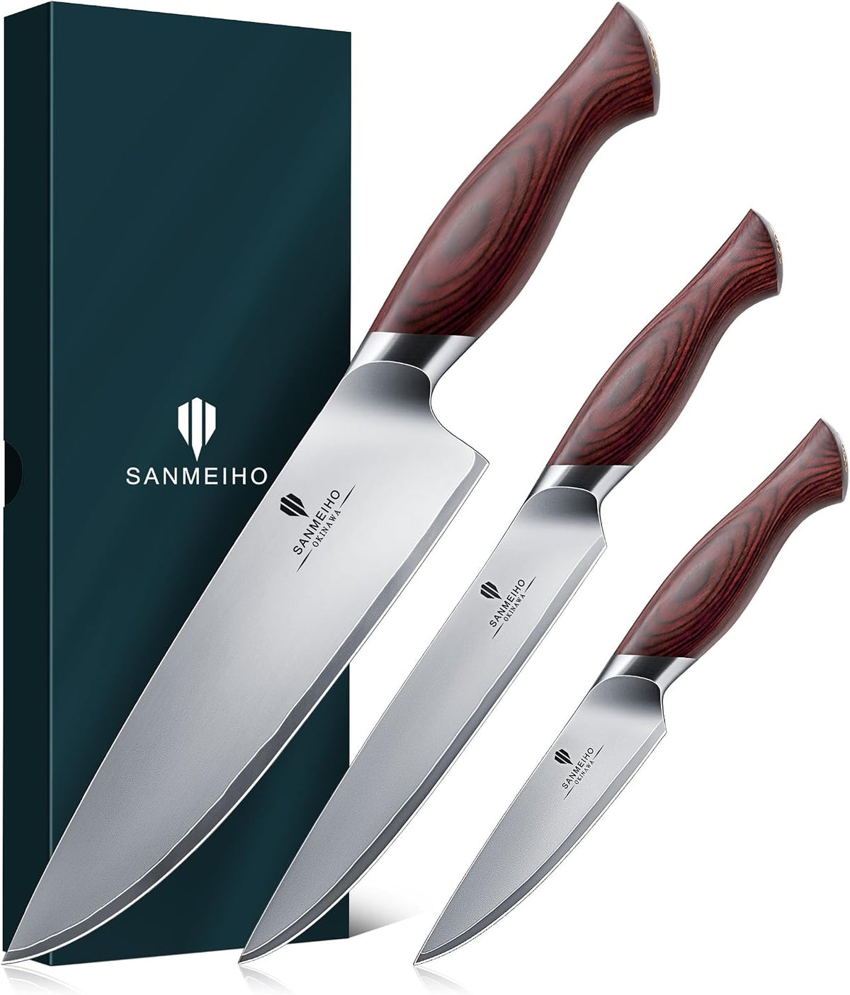 SANMEIHO Juego de cuchillos japoneses 3 piezas, acero inoxidable 10...