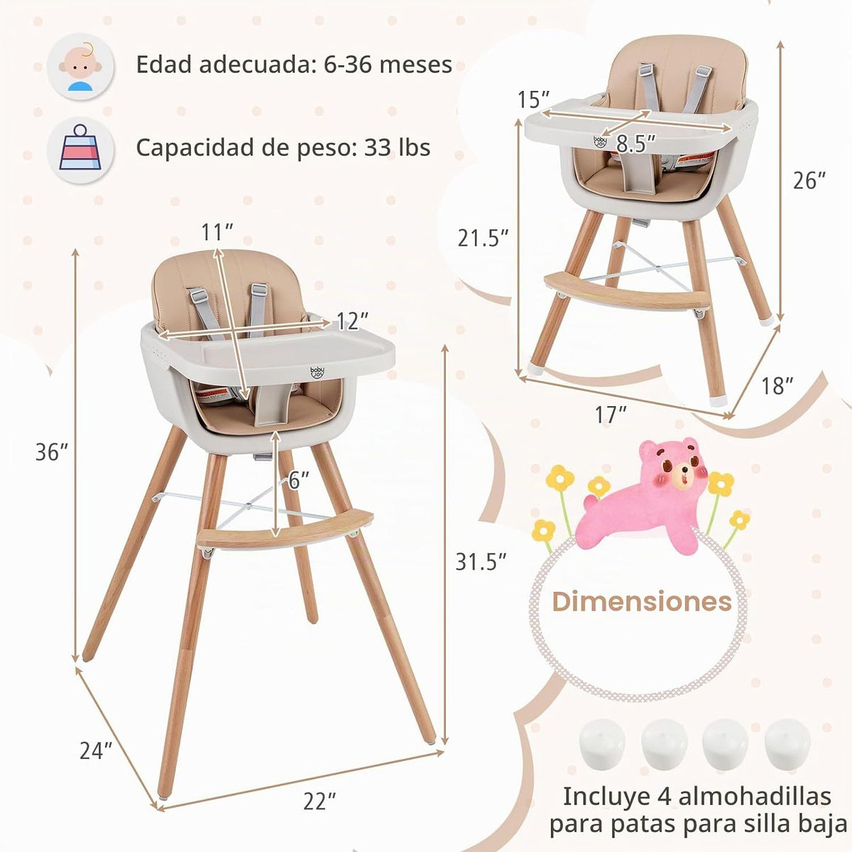 BABY JOY Silla alta para bebé, trona convertible 3 en 1 de madera p...