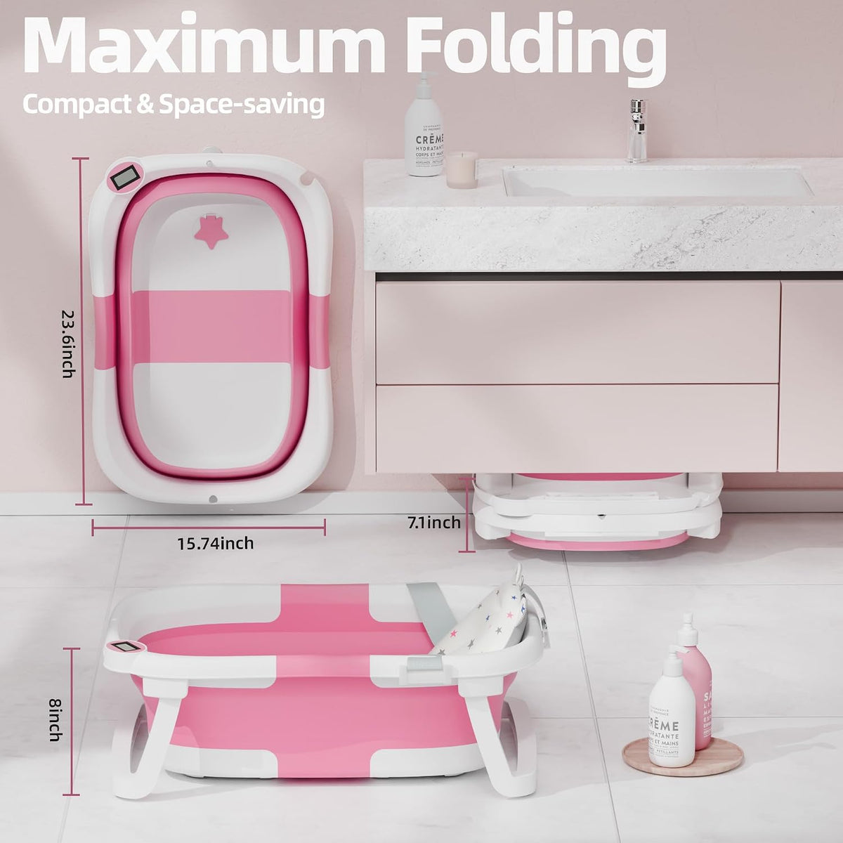 iBabyMax Bañera plegable para bebés con termómetro, 0-36 meses, ros...