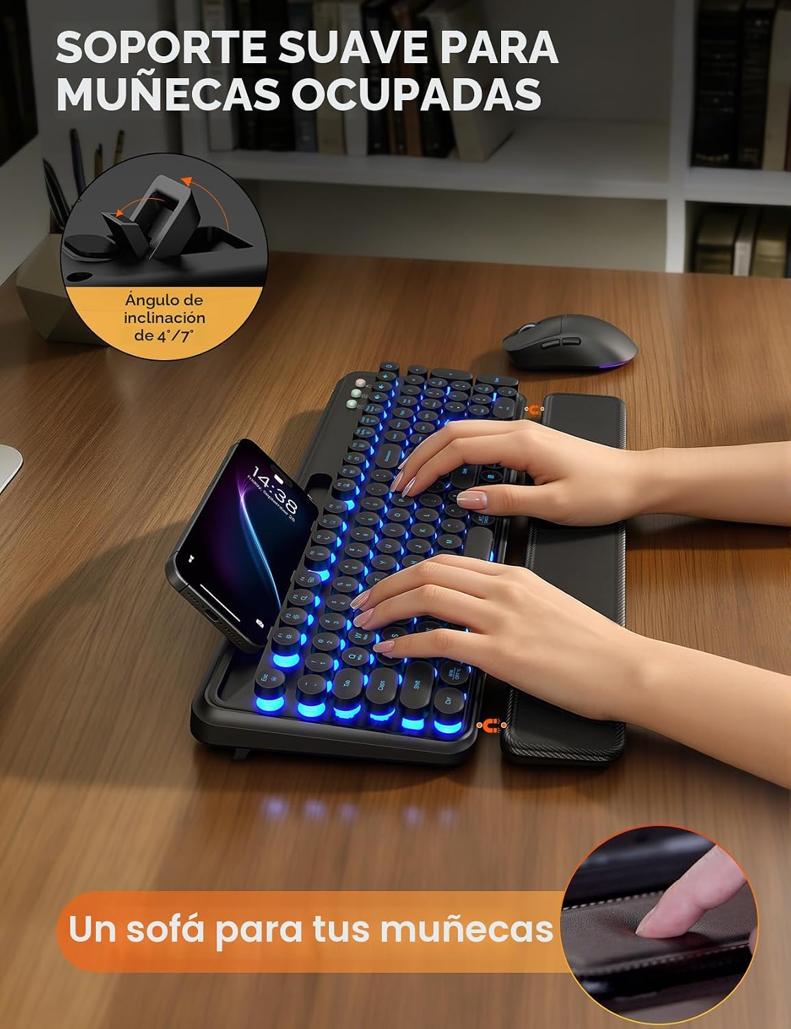 Teclado y mouse inalámbricos, máquina de escribir retroiluminada co...