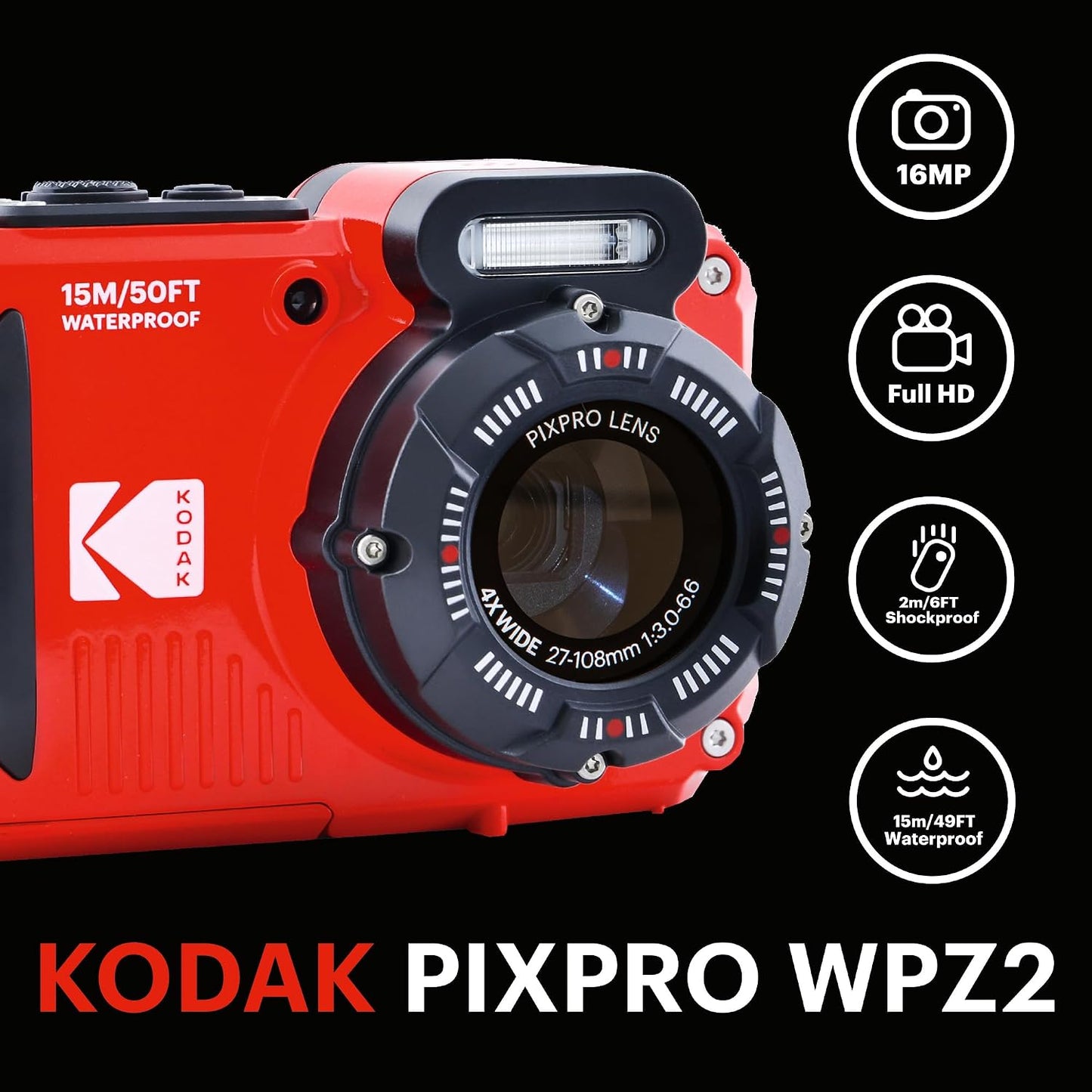 KODAK PIXPRO WPZ2 - Cámara digital impermeable de 16 MP, 49.2 ft, z...