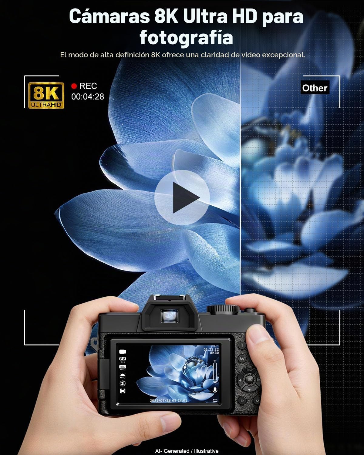 Cámara digital True 8K 64MP para fotografía con micrófono (negro) |...