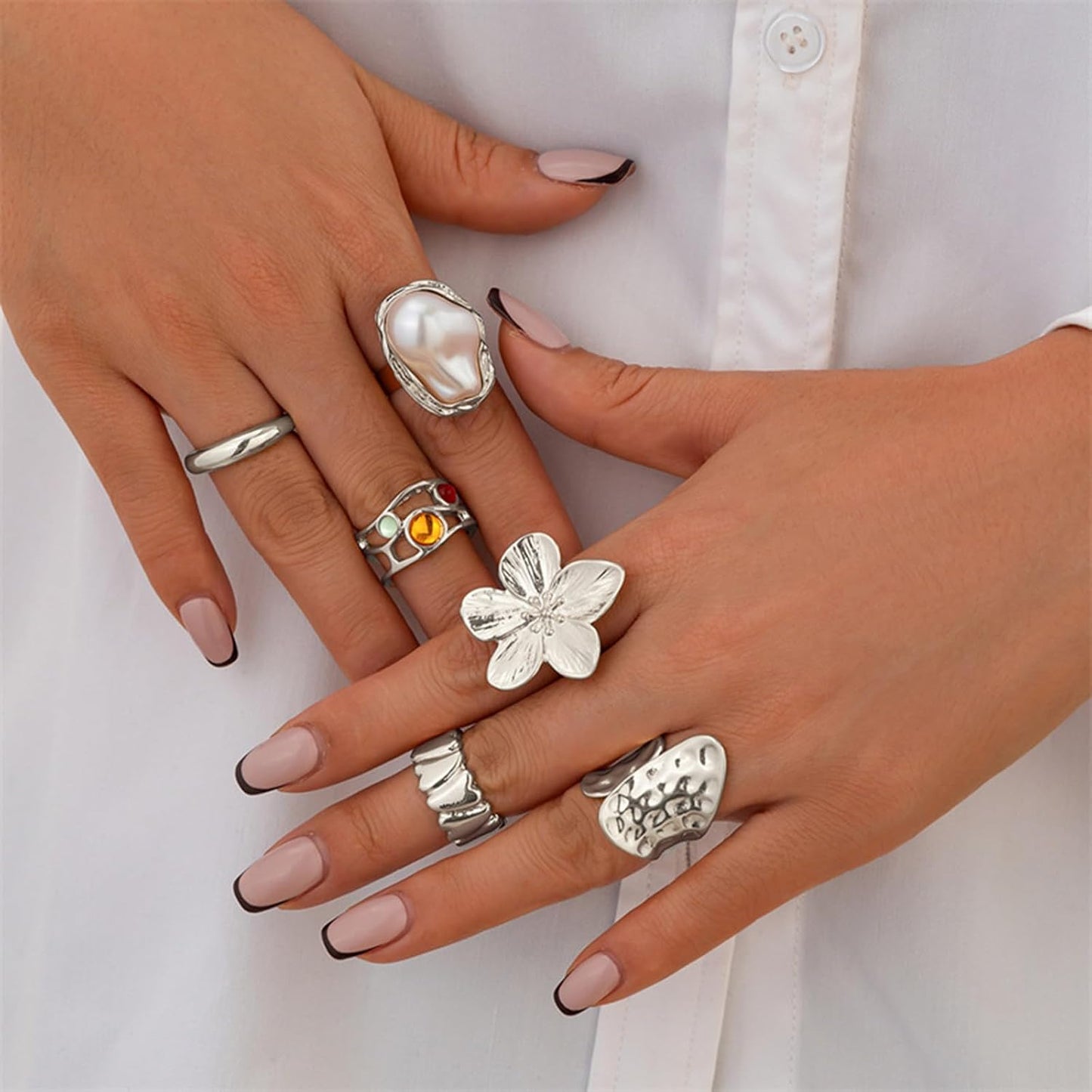 IQIC Anillos gruesos de oro para mujer, juego de anillos de plata a...