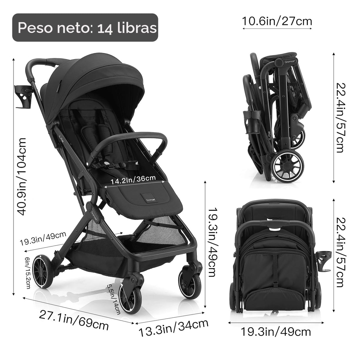 Gromast Cochecito de bebé plegable compacto, cochecito de viaje lig...