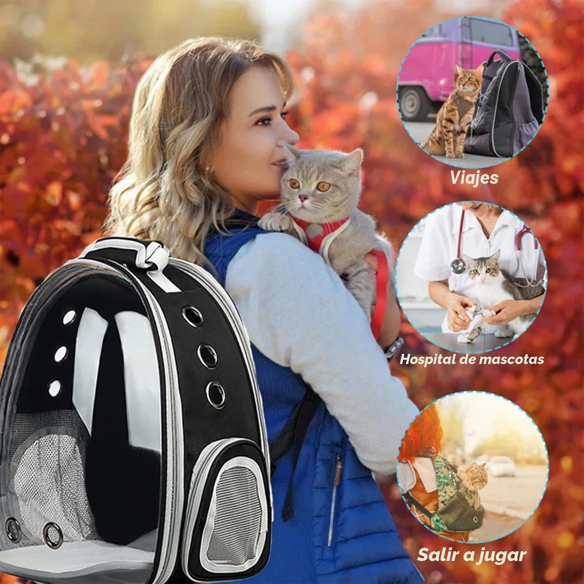 Mochila transportadora para gatos, transportador de mascotas con di...