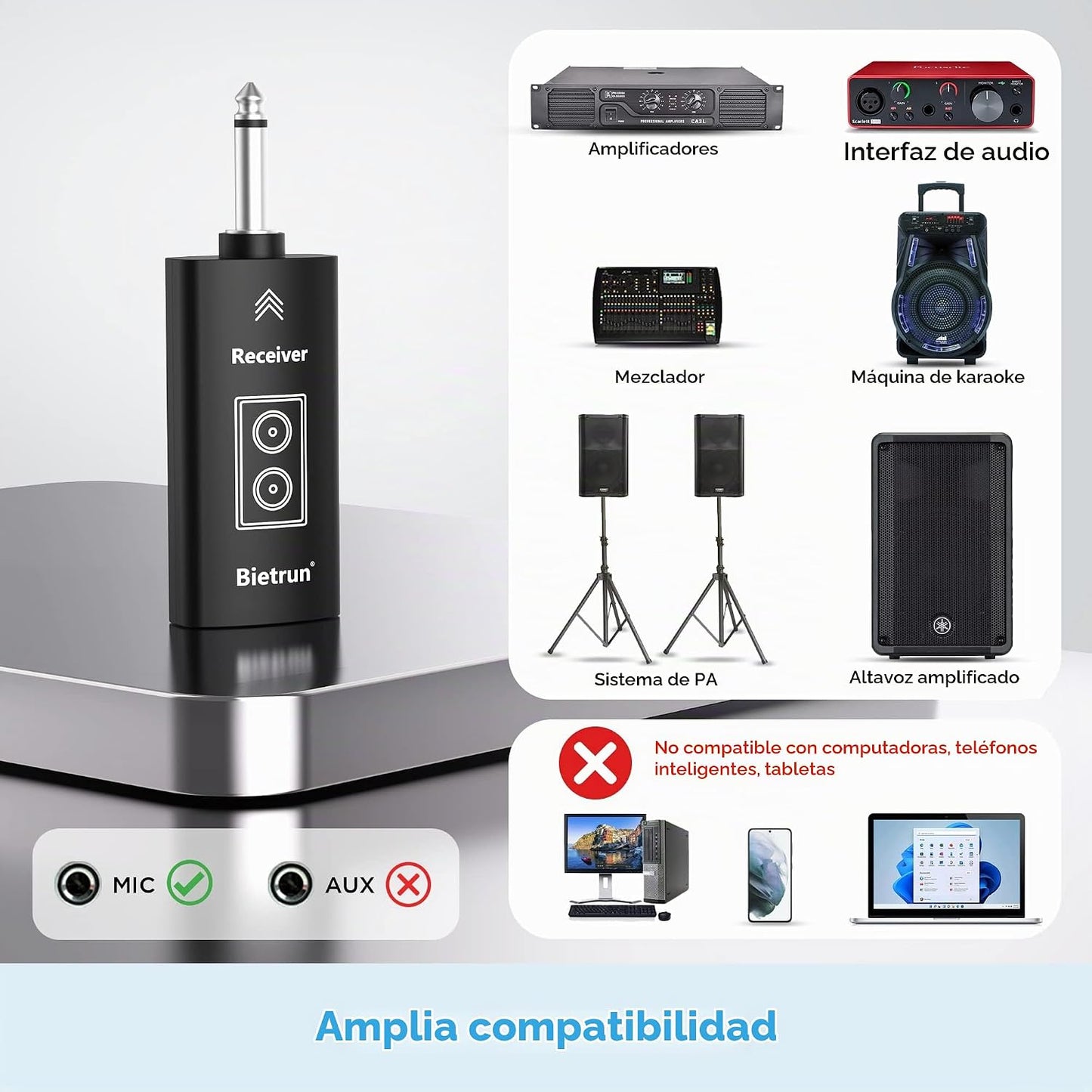 Bietrun Micrófono inalámbrico, juego de micrófonos UHF de mano, din...