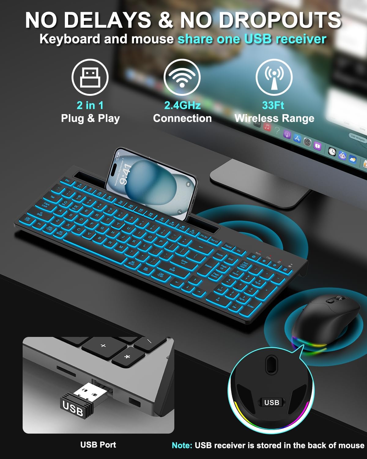 Combo de teclado y mouse inalámbricos, 7 efectos retroiluminados, l...