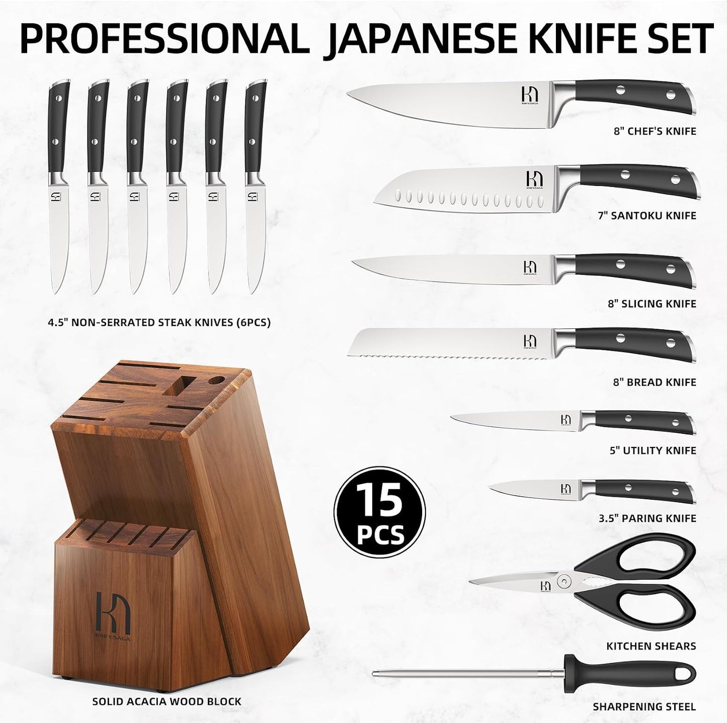 KnifeSaga - Juego de cuchillos, 15 piezas de bloque de cuchillos de...